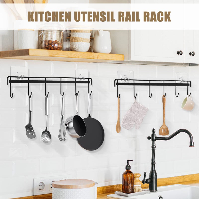 HOMEBROS Kitchen Utensil Hanger, Adhesive Utensil Holder Wall Mount Kitchen Rack Rail with 12 Hooks, Space Saving and No Drilling, Black, 2 Pcs - Image 2